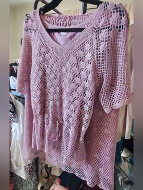 Light Mauve Crochet Knit Skirt Set With  V-Neck Top